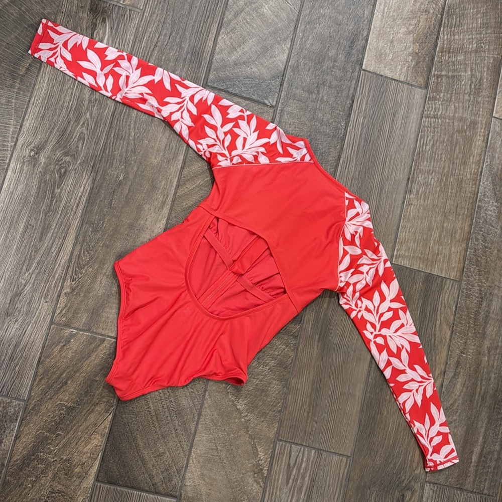 All in Motion Large Coral Red Floral Long Sleeve One Piece Rash Guard Swimsuit - Picture 8 of 11